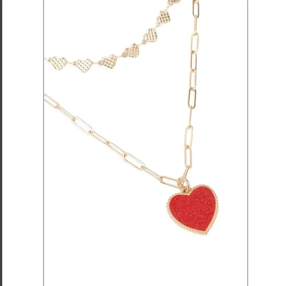 NEW Two Layered Druzy Heart Pendant Necklace in Matte Gold - Picture 3 of 6